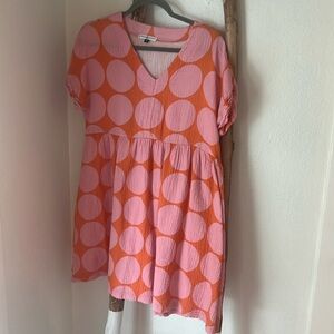 Michelle McDowell Pink Orange Large Polka Dot Gauzy Cotton V-Neck Dress Medium